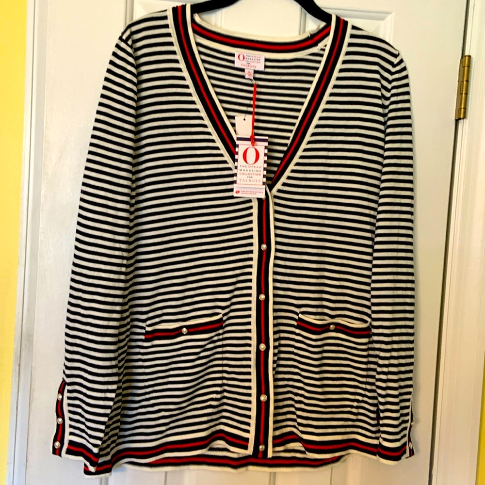 New Talbots Oprah Magazine Black Red White Pearl Button Cardigan PetiteMedium